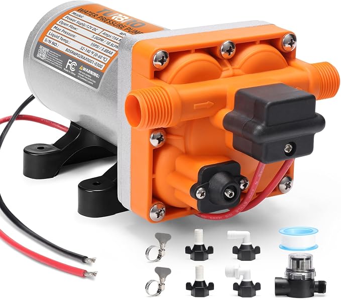 TURBRO 5.0 GPM 55 psi RV Water Pump, 12V DC Self-Priming Diaphragm Pump, Water Pressure Pump with Pressure Switch and Overheating Protection, for RV, Marine, Boat, Yacht, Camper, Garden, Irrigation