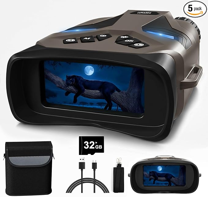 LUNAREX 4K Night Vision Goggles for Adults – Digital Night Vision Binoculars with 8X Zoom, 48MP Camera, 4000mAh Rechargeable Battery, 32GB TF Card, Infrared Night Vision Goggles for Hunting & Outdoor