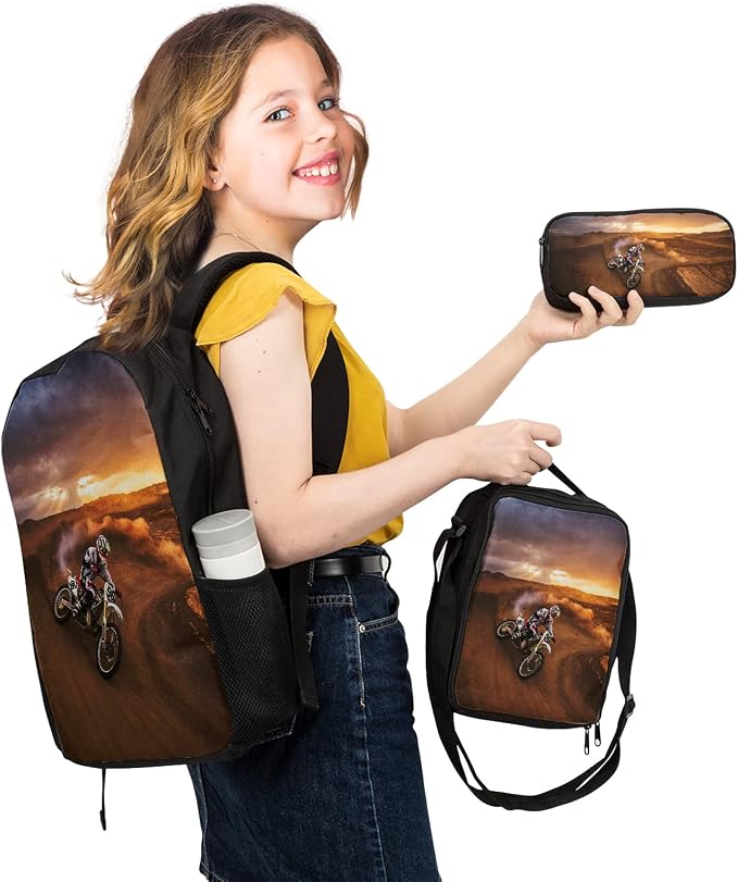 Giwawa Cool Dirt Bike Motocross School Backpacks for Teen Boys Motorcycle Vehicle in Desert Backpack School Bookbag Set Lunch Bag Pencil Case
