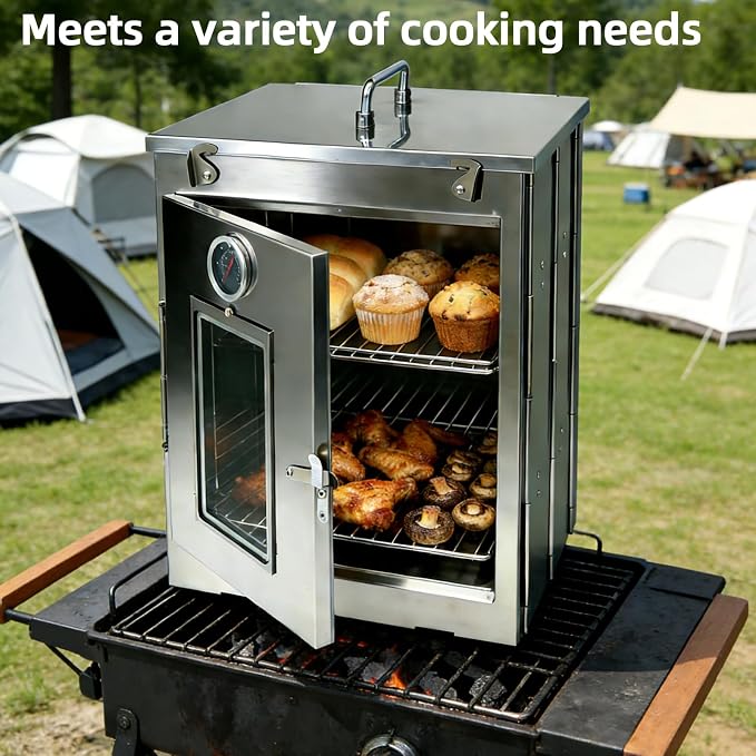 16-Inch H Folding Camping Oven - 2-Tier Grates, Portable Stainless Steel Grill for Baking Bread, Muffins & BBQ, Compatible with Wood-Burning & Propane Stoves