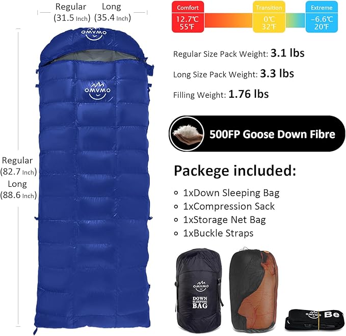 0 20 Degrees F Down Sleeping Bag for Adults,4 Season Rectangle Down Sleeping Bag for Camping Hiking