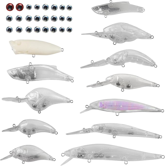 Blank Fishing Lure Kit,Unpainted Popper Plug Lures DIY Crank Bait Set Fishing Pliers Treble Hooks 3D/4D Lure Eyes Bait Sticker Split Rings,Fish Tackle Accessories Kits