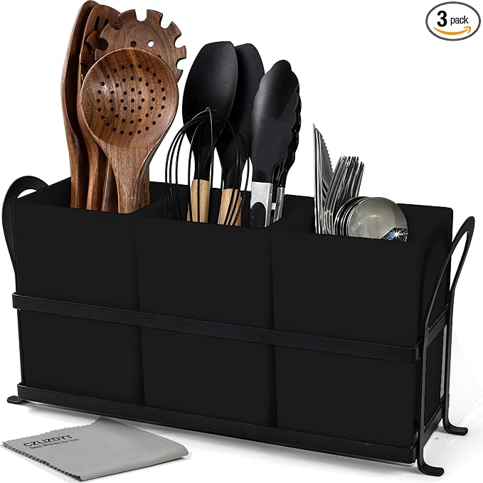 Czlizdyt Large Kitchen Utensil Holder, Drainage Utensil Caddy for Countertop, 3pcs Bins Set Cooking Utensil Organizer for Spoons, Spatulas, Black