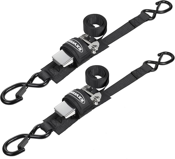 EXVITAL Boat tie Down Straps to Trailer 1"×4' transom Straps with Stainless Steel Ratchet Heavy Duty Adjustable Ratchet Straps for Boat Trailer 2400lbs Break Strength,Black 2 Pack