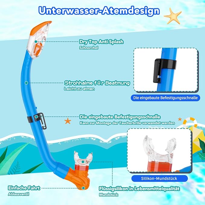 Snorkeling Gear for Kids with Foldable Silicone Full Dry Snorkel, Kids Snorkel Set Anti Leak Youth Junior Snorkeling Package Diving Mask Soft Tube with Mesh Bag Scuba Swimming Goggles