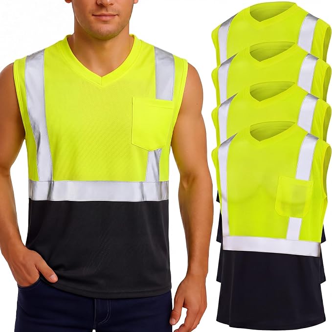 Amylove 4 Pcs Hi Vis Sleeveless Reflective Shirt for Men Class 2 Construction Work Shirts with Pockets for Men Women