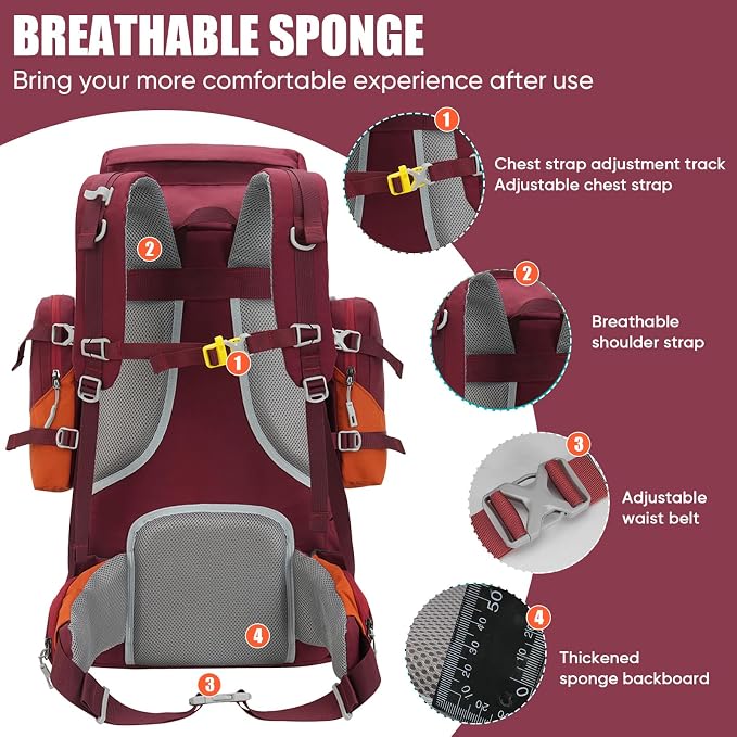 Bseash 70L (65+5) Waterproof Hiking Camping Backpack with Rain Cover, Outdoor Sport Travel Daypack for Climbing Touring (Red)
