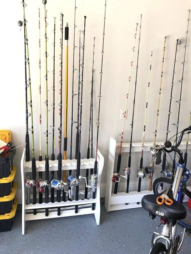 StoreYourBoard Marlin Fishing Rod Rack for Garage & Dock | Freestanding Fishing Pole Holders for Garage Holds Up to 24 Rods & Reels | Washable Weather-Resistant PVC Fishing Rod Storage Organizer