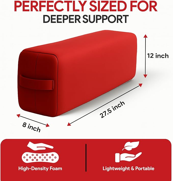 Rectangular Yoga Bolster Pillow for Meditation, Yoga & Back Support – Soft Meditation Cushion with Removable Hand Wash Cotton Cover & Carry Handle (Red)