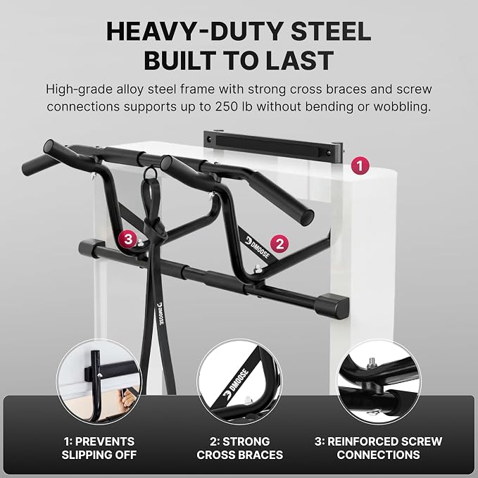DMoose Fitness Pull Up Bar for Doorway - Upto 250 Lbs Capacity, No Screwing or Slipping, Hanging Pullup & Chin Up Bar for Door Frame - Multi Padded Grips for Strength Training with Installation Guide