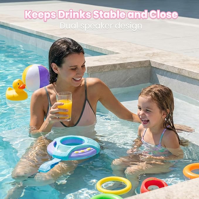 Mambobaby Float Bluetooth Speaker with Foldable Cup Holder, IPX7 Waterproof Bathroom Speaker, 360° Surround Sound, Colorful LED Lights, Dual Speakers, Ideal for Pool, Beach & Outdoor Use-Pink Green