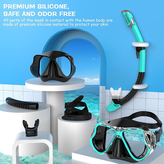 Greatever Dry Snorkel Set,Panoramic Wide View Anti-Fog Scuba Diving Mask,Professional Snorkeling Gear for Adults Kids