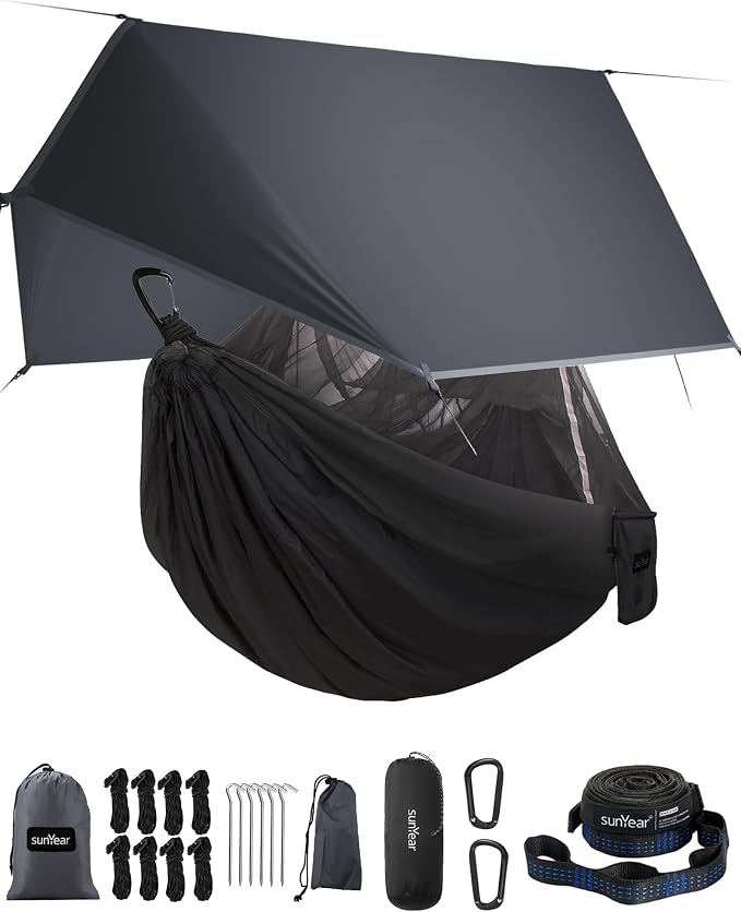 Sunyear Camping Hammock with Net and Hammock Tent Rain Fly Bundle - Perfect for Hiking, Backpacking, Outdoor Sleeping and Camping Survival
