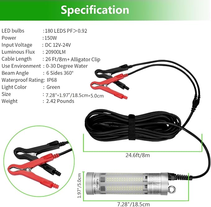 150W 20900lm Underwater Fishing Light, IP68 Waterproof Aluminum Super Bright Night Fish Attracting Submersible LED Lamp Lure Bait Finder for Freshwater Saltwater Sea Kayak Ice Dock (White)