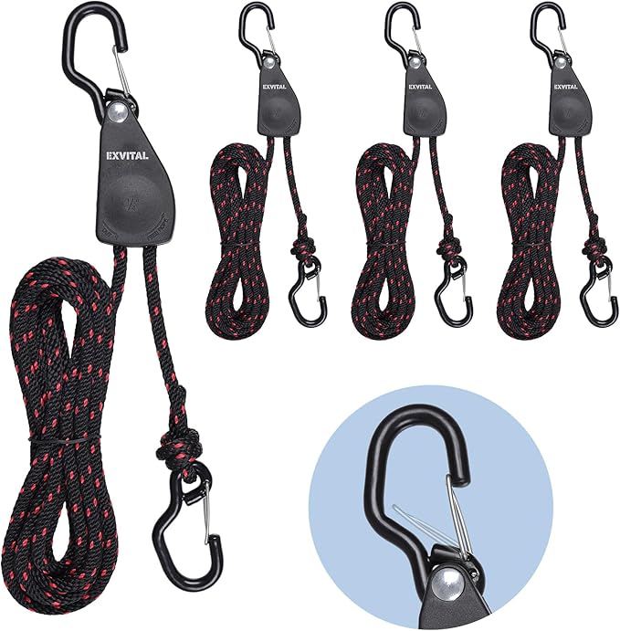 4PCS Kayak Rope Tie Down Ratchet Straps 1/4" ×12' Bow and Stern Tie Down Kayak with Safety S Hook Heavy Duty Ratchet Rope Kayaks and Canoe Accessories Black