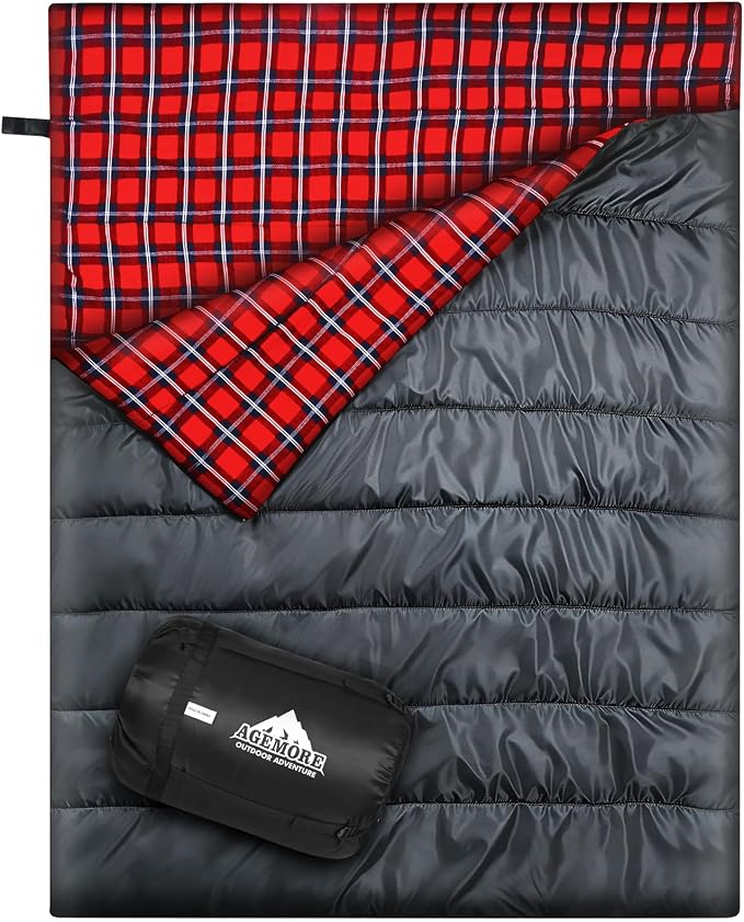 Cotton Flannel Double Sleeping Bag for Camping, Backpacking Or Hiking. Queen Size 2 Person Waterproof Sleeping Bag for Adults Or Teens. Lightweight with Compression Sack