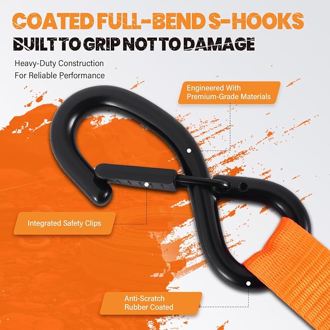1" x 10' Self Retracting Ratchet Straps (2-Pack) - Orange Heavy Duty Tie Downs with Auto-Retract, 1540lb Break Strength for Truck, Motorcycle, ATV, UTV, Cargo Trailer