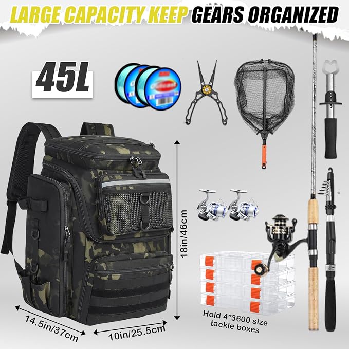 HAMBOLY Fishing Backpack 45L with Rod Holders, Water-Resistant Tackle Backpack for Fishermen, Large Capacity Fishing Gear Bag for Travel Hiking Camping