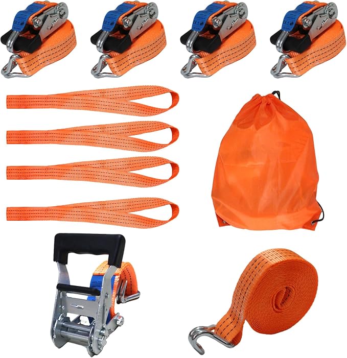 Ratchet Straps Heavy Duty 4Pcs 2.3" x 20ft with 4 Helper Tie Down Ratchet Straps and Storage Bag, Galvanized Zinc Double J Hook for Trailer, Truck, Motorcycle, Cargo Moving - Orange