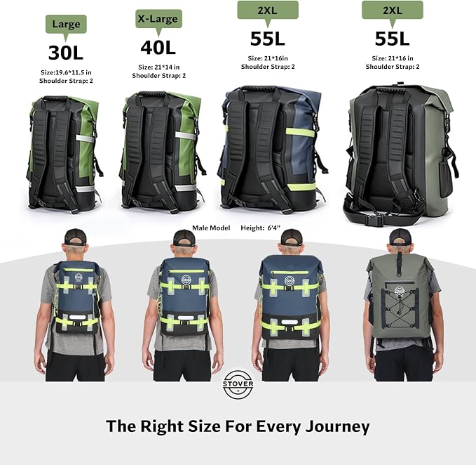 STOVER 30L Waterproof Dry Backpack & Phone Case - X-Large Floating Dry Bag for Kayaking, Travel, Hiking, Fishing, Camping, Motorcycles & Beach, Heavy-Duty Roll Top Men/Women (Green)