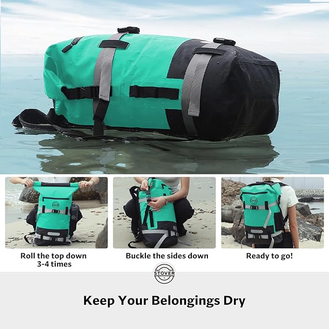 STOVER 30L Waterproof Dry Backpack & Phone Case - X-Large Floating Dry Bag for Kayaking, Travel, Hiking, Fishing, Camping, Motorcycles & Beach, Heavy-Duty Roll Top Men/Women (Teal)