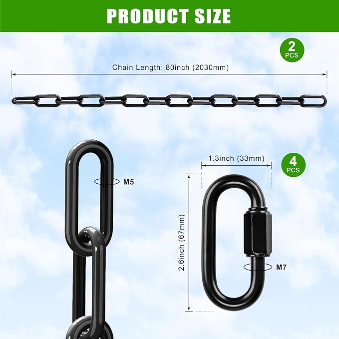 BeneLabel 2Pcs 80" (6.6ft) Swing Chain with Hooks 1000 LBs Capacity Heavy Duty Black Coated Hanging Chain Porch Swing Chains for Hammock, Swingset, Hanging Chair, Hammock Chair, Heavy Bags
