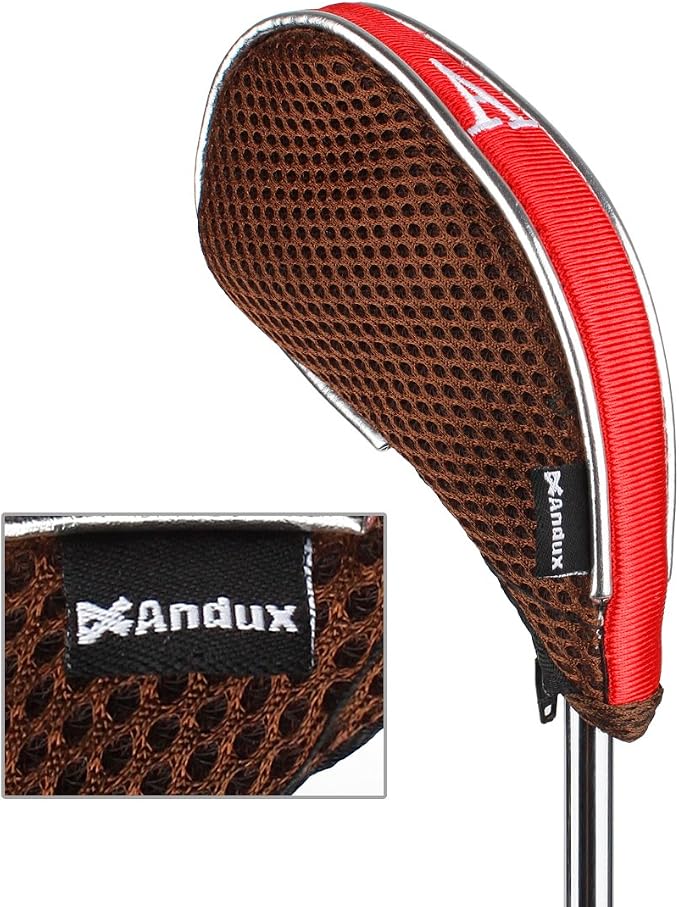 Andux Mesh Golf Iron Club Head Covers with Zipper 10pcs/Set | Left and Right Handed | Short Neck | Silver Piping | all the Same Size