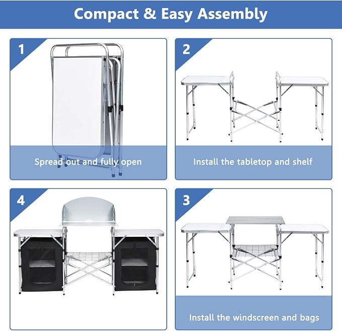 Giantex Camping Kitchen Station, Folding Grill Table with 26'' Tabletop, 2 Side Tables, Storage Organizer, Detachable Windscreen, Portable Camp Cook Outdoor Prep Station Backyard BBQ Picnic (Black)