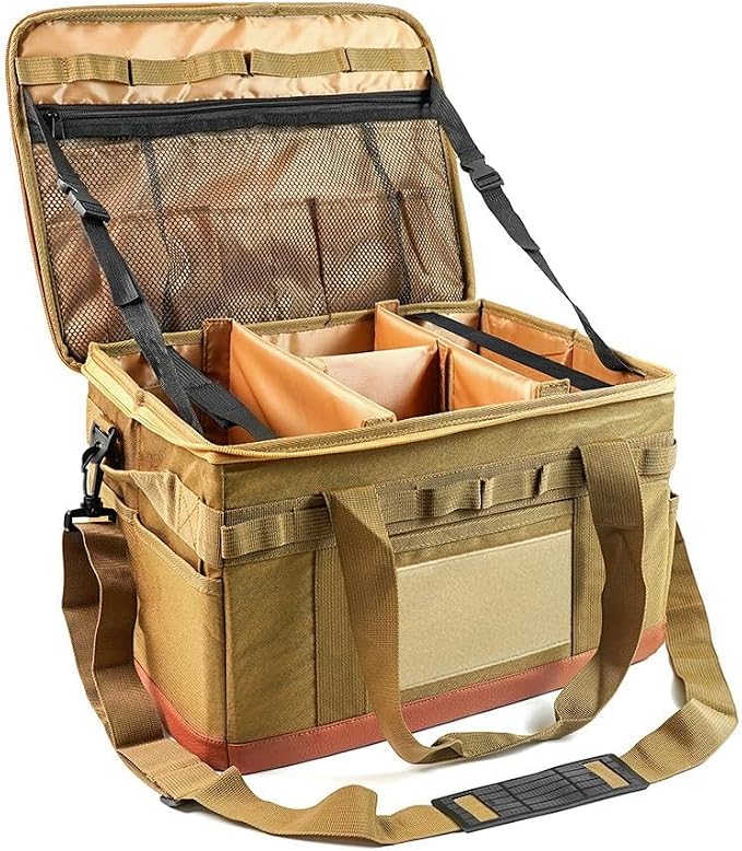 Backpack with Cookware Organizer – Durable Oxford Cloth, Adjustable Shoulder Strap for Camping, Travel, and BBQ, Foldable with Mesh Pockets(Khaki)