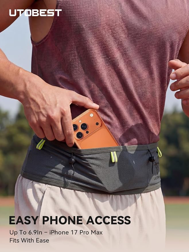 UTOBEST Running Belt for Men & Women, Bounce-Free Running Waist Pack Fits All Phones, 4-Pocket No Zipper Trail Running Belt Fits 500ml Soft Flask, Pole Carry Straps for Race, Trail (B7 Pro-Grey, M)