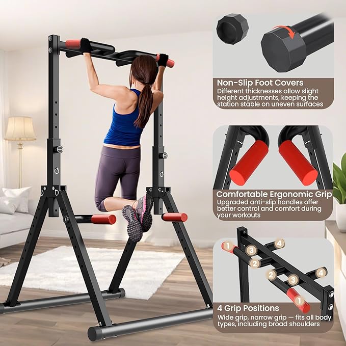 WATBKHE Power Tower Pull Up Dip Station Foldable, Pull Up Bar Station Adjustable, Multi-Function Home Gym, Strength Training Fitness Equipment, Triangular Design, for Home Outdoor