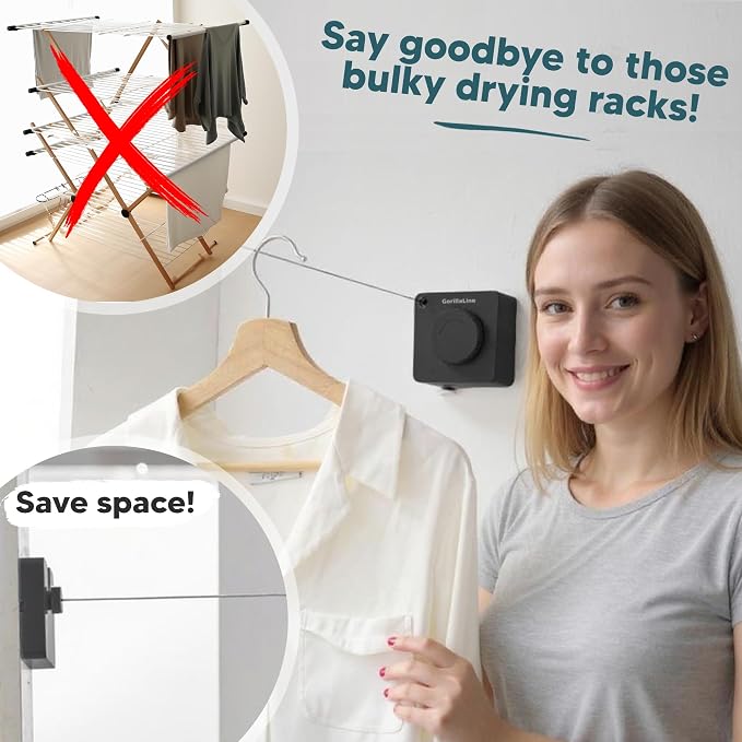 GorillaLine Basic - Retractable Clothesline Indoor Outdoor Clothes Line - Non-Sagging Heavy Duty Clothes Drying Laundry Line - Wall Mounted Drying Rack - Air Dry Clothing - Tighten with GorillaGrip