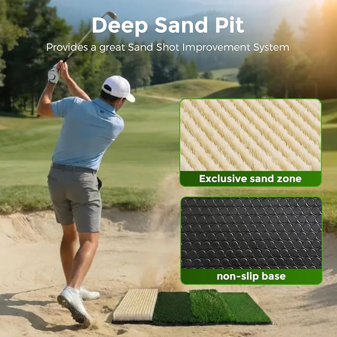 4-in-1 Foldable Heavy-Duty Golf Hitting Mat, Sand & Tee Turf, Anti-Slip Backing，for Swing/Chip/Putting Practice，Golf Practice Mat with Golf Mat Tees