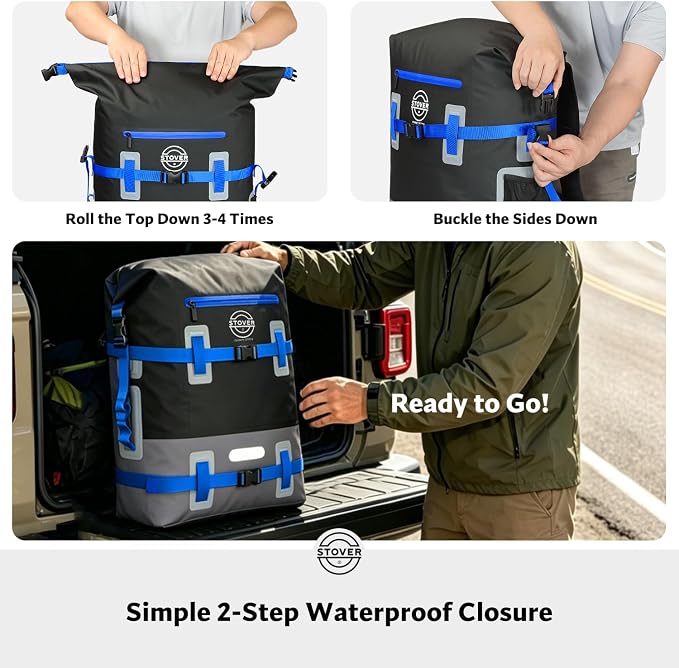 STOVER 55L Waterproof Dry Backpack & Phone Case - 2XL Floating Dry Bag for Kayaking, Travel, Hiking, Fishing, Camping, Motorcycles & Beach, Heavy-Duty Roll Top Men/Women (Black/Grey/Blue)