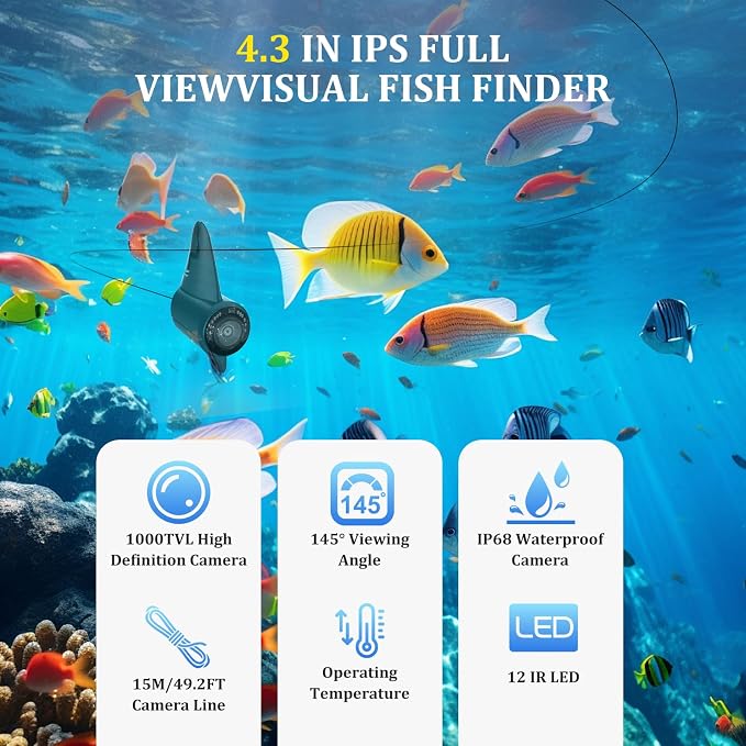 Underwater Fishing Camera, 4.3 Inch LCD, Infrared Night Vision, Wide Angle IP68 Waterproof Portable Fish Camera for Ice, Lake, Boat & Kayak Fishing