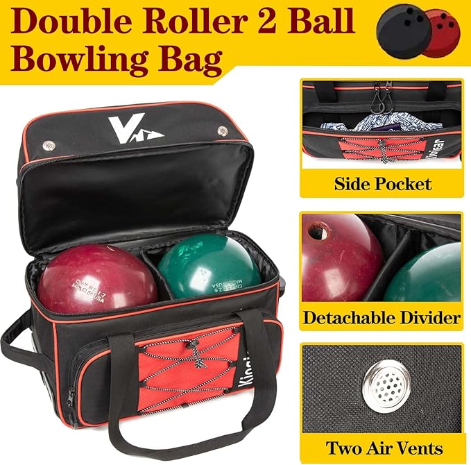 Double Roller 2 Ball Bowling Bag with Large Separate Shoe Compartment and Oversized Accessory Pocket, 36" Extendable Handle.