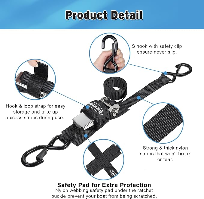 EXVITAL Boat tie Down Straps to Trailer 1"×4' transom Straps with Stainless Steel Ratchet Heavy Duty Adjustable Ratchet Straps for Boat Trailer 2400lbs Break Strength,Black 2 Pack