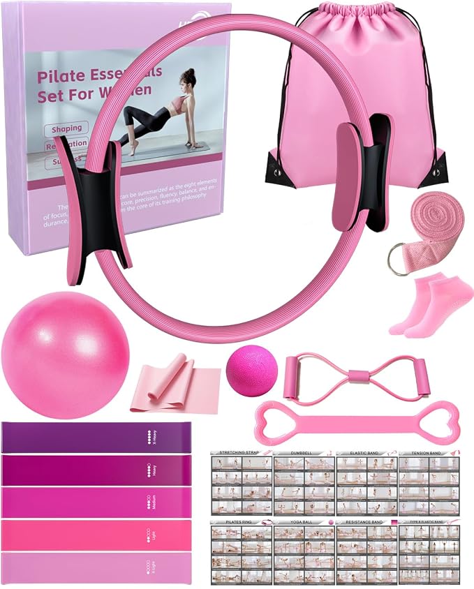 KABCON Pilates Kit for Home, Women Beginners Workout Essentials Set | 13" Ring, 9.8" Ball, Resistance Bands & Guide, 13/14/16 PCS Compact Pilates Equipment