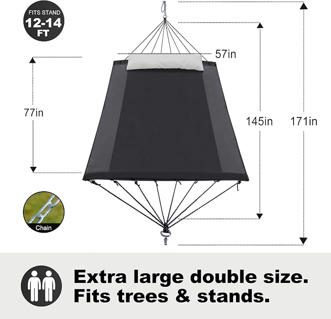GAFETE 14ft 2 Person Hammock for Outside, Quick Dry Textilene, Portable Hammocks Without Stand with Folding Steel Spreader Bar, Carrying Bag, Tree Straps, Pillow & Sidebag, 550 lbs Capacity (Gray)