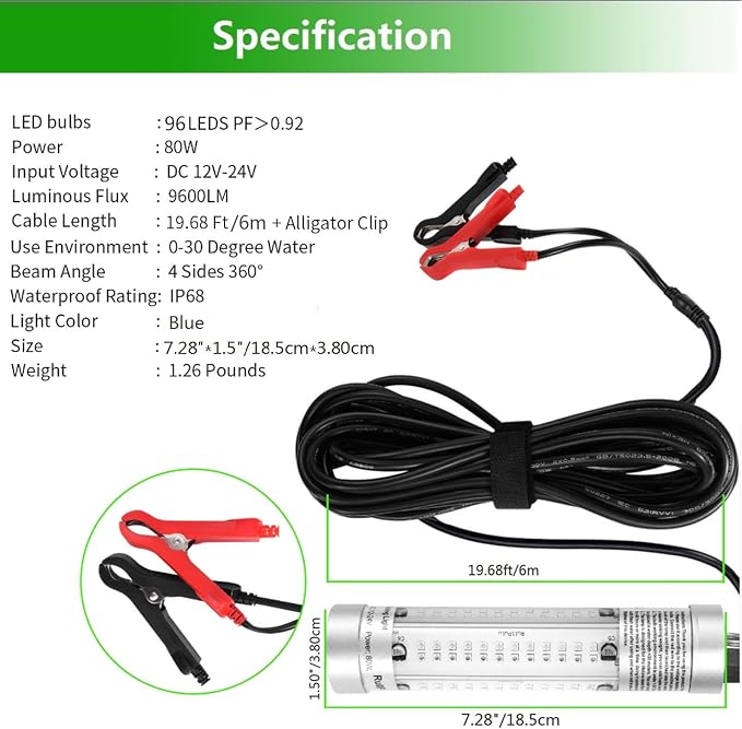 80W 9600lm Underwater Fishing Light, IP68 Waterproof Aluminum Super Bright Night Fish Attracting Submersible LED Lamp Lure Bait Finder for Freshwater Saltwater Sea Kayak Boat Ice Dock (Blue)