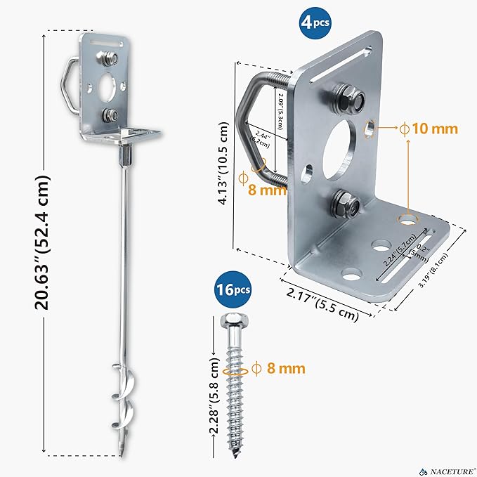 NACETURE 18-Inch Ground Anchors Screw in, Heavy Duty Trampoline Anchor Kit with L Brackets, 4 Pack Screw In Ground Anchors with Manual & Power Wrench, Tie-Down Straps for Trampoline