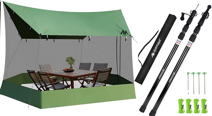 Screen House + Poles, 4-Section Heavy Duty Aluminum Telescoping Poles, 18x11 FT Large Camping Tarp with Mosquito Net for Outdoor Picnic