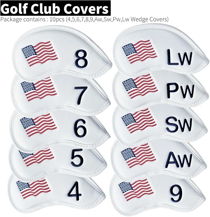 Patriotism US Flag Golf Iron Covers Premium Leather Iron Head Covers Set Headcover 4 5 6 7 8 9 PW SW AW LW Wedge Iron Club Covers fits for Most Brands
