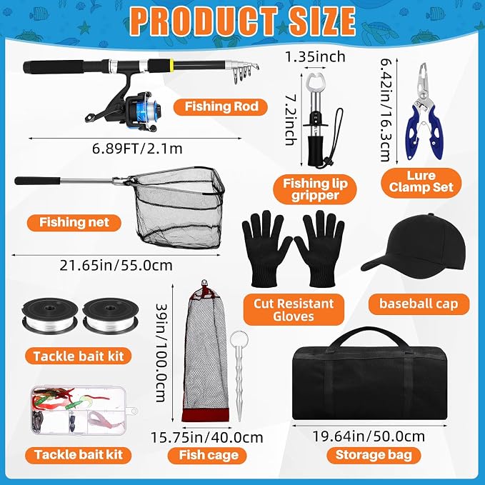 Telescopic Fishing Rod and Reel Combo 2 Pcs Collapsible Fishing Pole Kit with Plier Lip Gripper Lures Carrier Bag Pre-Loaded Spinning Reel for Beginner Men Travel Saltwater Freshwater