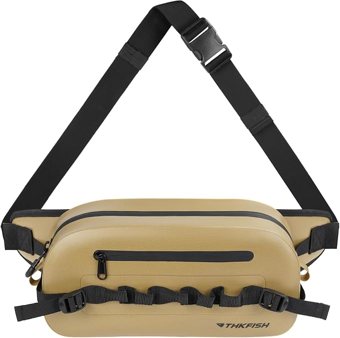 THKFISH Waterproof Fishing Waist Pack, Large Fishing Tackle Bag with Adjustable Strap, Airtight Zipper Closure, Lightweight Sling Fishing Waist Bag for Fly Fishing, Brown