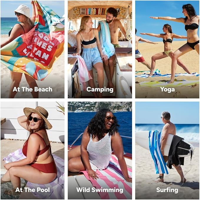 Dock & Bay Beach Towel - Quick Dry, Sand Free - Compact, Lightweight - 100% Recycled - Includes Bag - Good Times & Tan Lines - Large (160x90cm, 63x35)