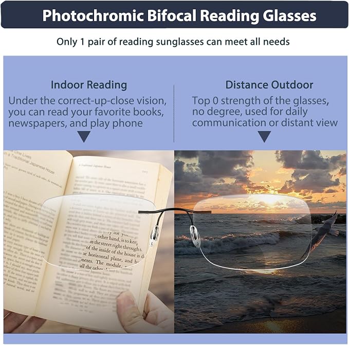 K.LAVER Photochromic Bifocal Reading Glasses Blue Light Blocking Readers For Men And Women Transition Rimless Sunglasses