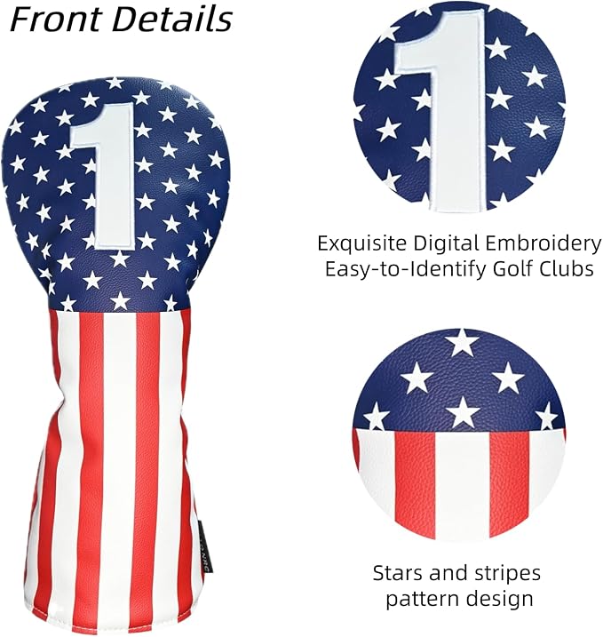 Golf Head Covers, Headcover for Woods and Driver Hybrid Set, Waterproof Club Head Covers, 4pcs or 1pc PU Leather USA Stars and Stripes 1 3 5 X for Most Golf Clubs