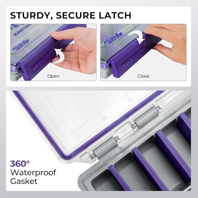 KastKing HyperSeal Waterproof Tackle Box, 3600 1 Pack，Purple | 3600 Tackle Trays;Tackle Box Organizer;Removable Dividers; One-Hand Open and Close；Fishing Gear Storage