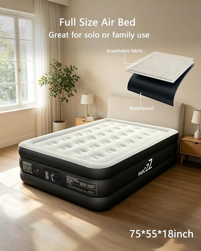 air Mattress Full with Built in Pump – 18-Inch Thickened air Bed Suitable for Camping, Home use, and Guest Accommodation, Supports Up to 600 Pounds (Black, Full)